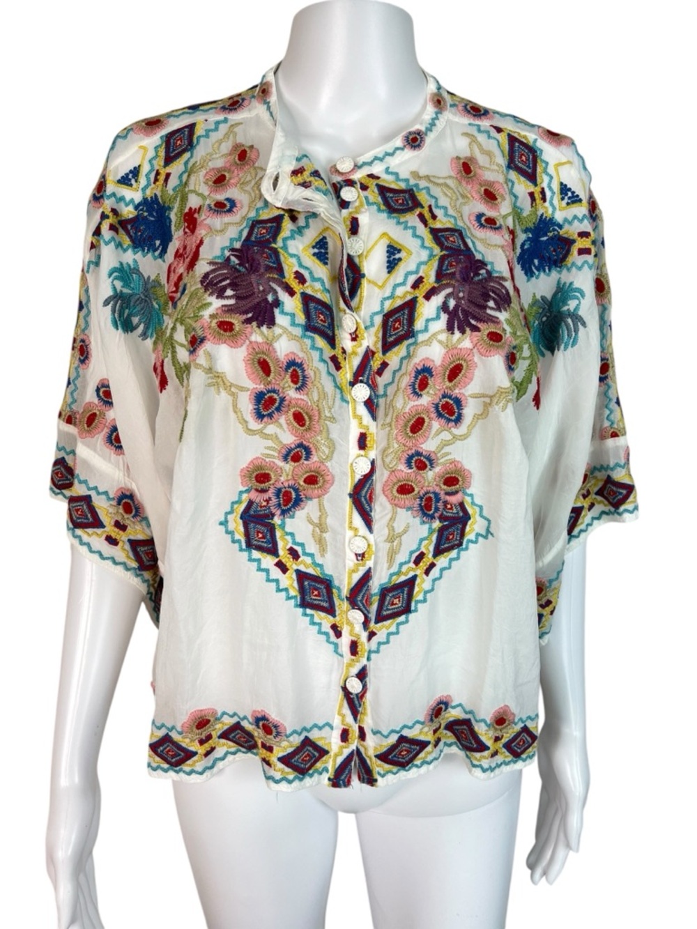 Johnny Was White Embroidered Geo-Floral Button Front Blouse Small Oversized